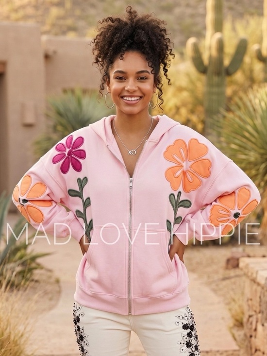 Boutique Tops - Pink Floral Patchwork Oversized Zip Hoodie | Boho Flower Appliqués TikTok Viral